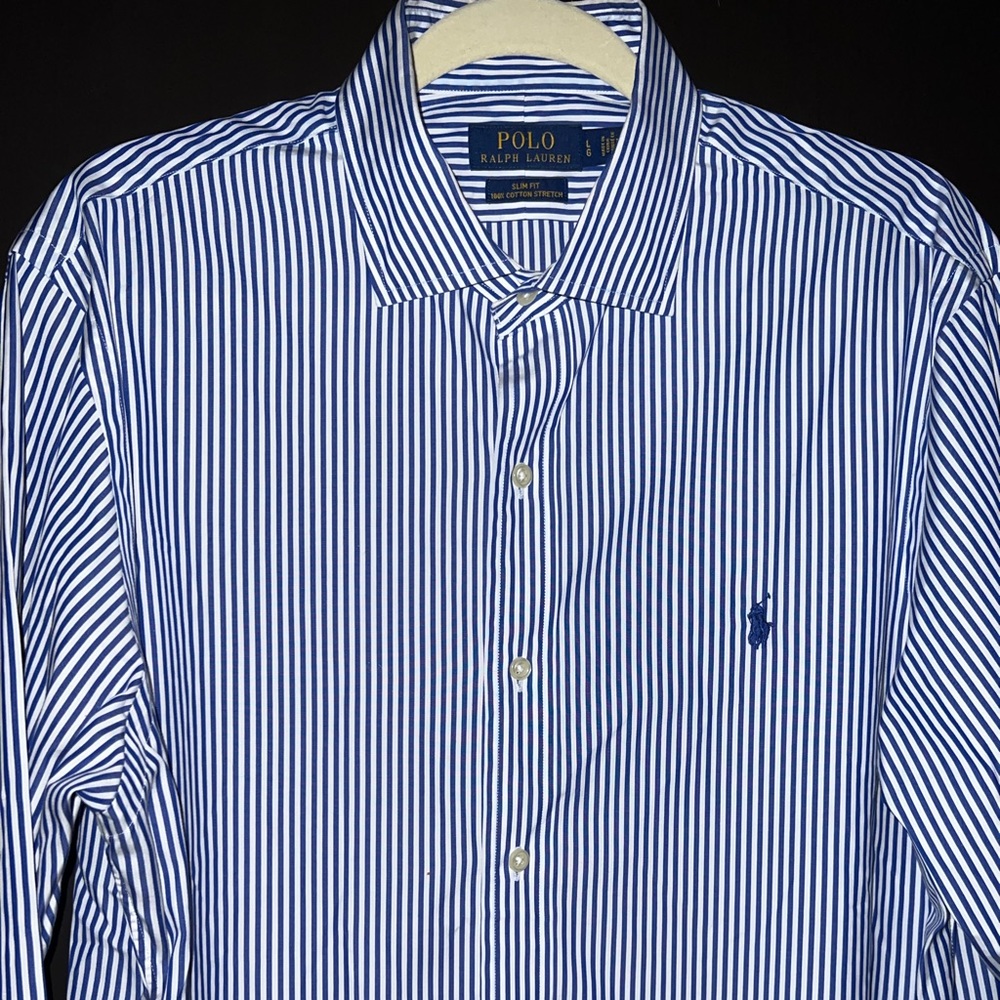 Mens Polo Ralph Lauren Blue White Striped Button Down Dress Slim Fit Shirt Large